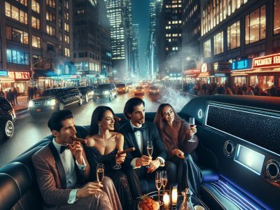 Four elegantly dressed friends in limousine at night