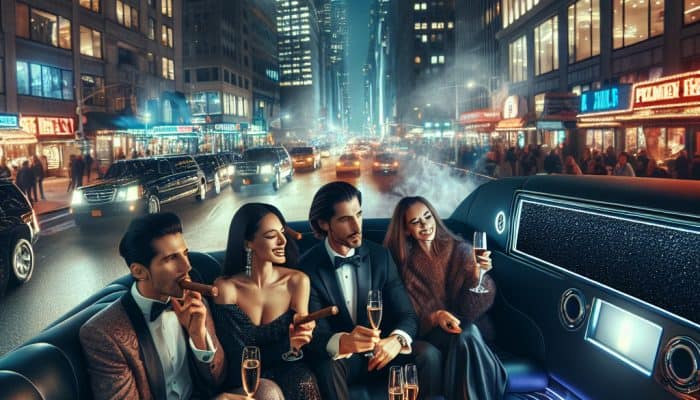 Four elegantly dressed friends in limousine at night