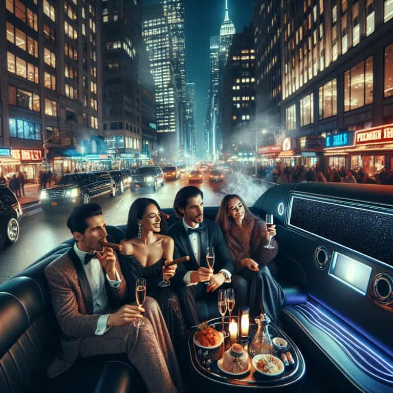 Four elegantly dressed friends in limousine at night