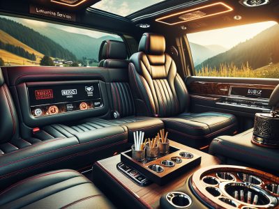 Luxury SUV interior with panoramic sunroof and minibar