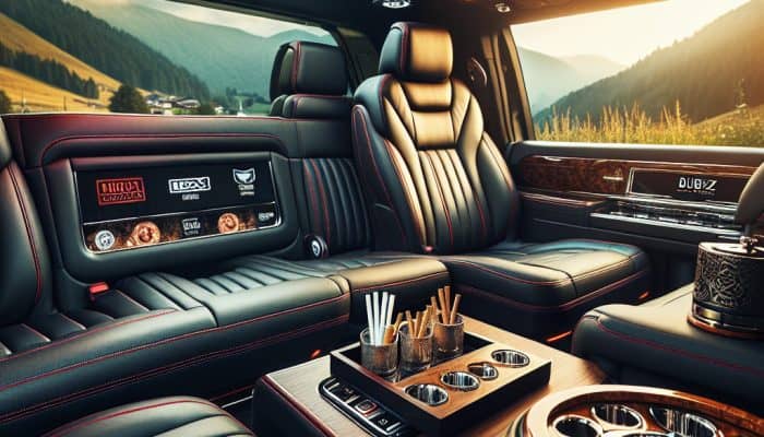 Luxury SUV interior with panoramic sunroof and minibar