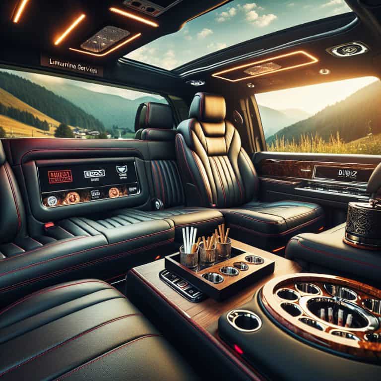 Luxury SUV interior with panoramic sunroof and minibar