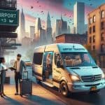 Airport transfer van with travelers in city skyline