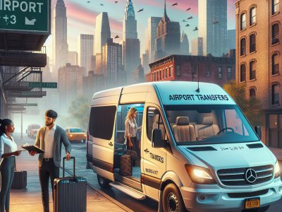 Airport transfer van with travelers in city skyline