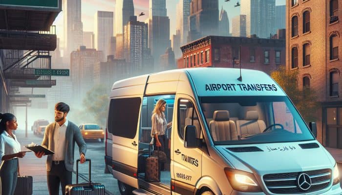 Airport transfer van with travelers in city skyline