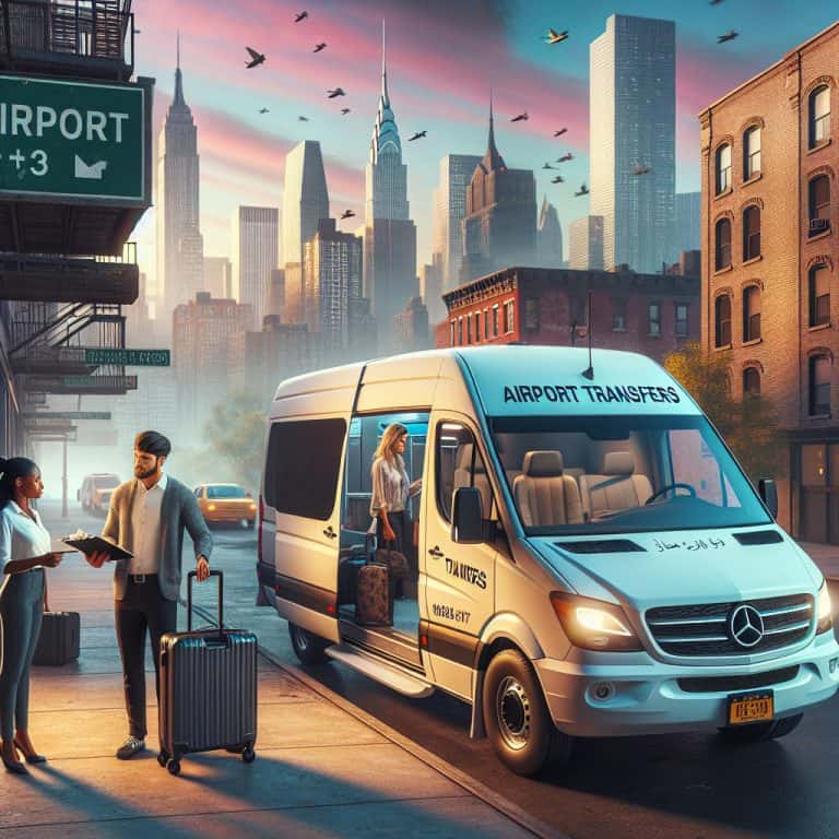 Airport transfer van with travelers in city skyline