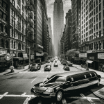 Wedding limousine on New York street with skyscrapers
