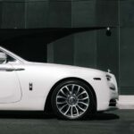 White luxury car front side view with alloy wheel