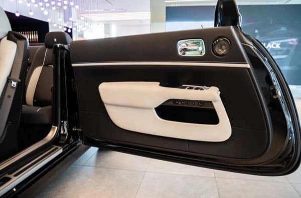 Luxury car interior door panel with leather trim