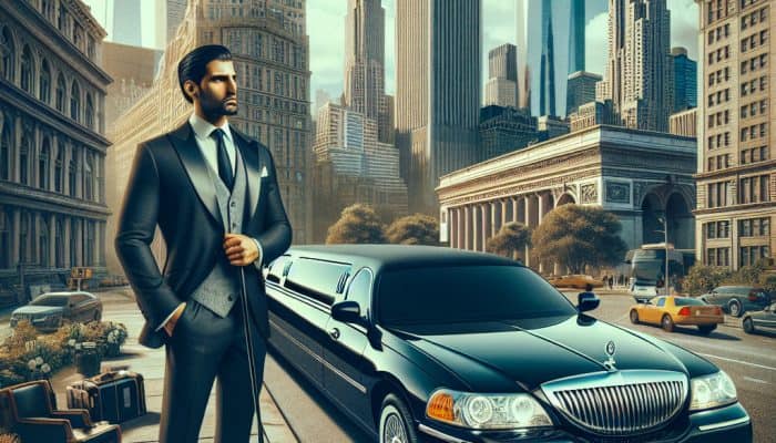Elegant man beside limousine in city skyline