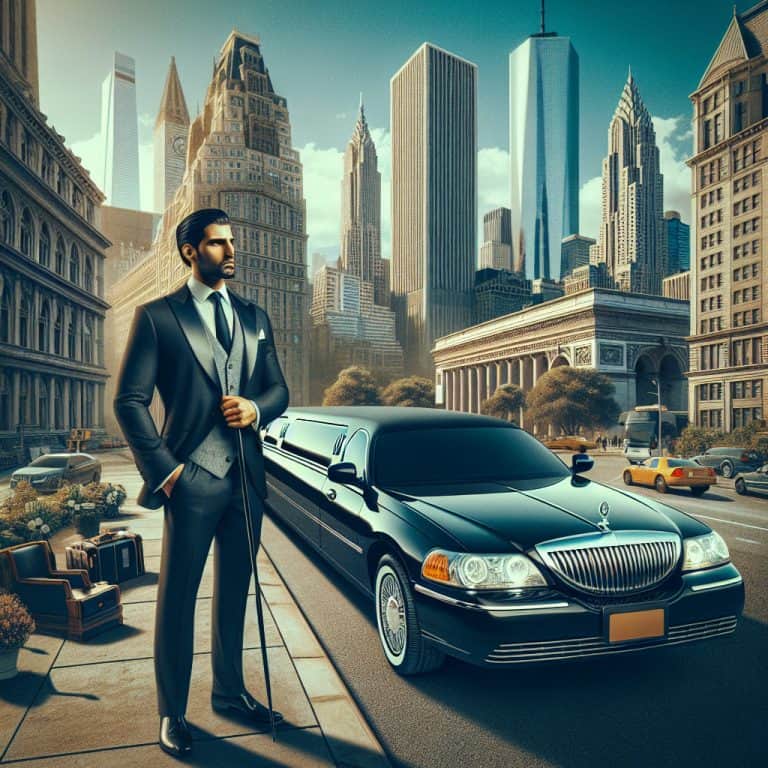 Elegant man beside limousine in city skyline