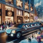 Stretch limousine outside festive New York holiday storefronts