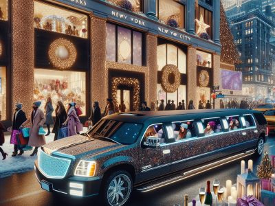 Stretch limousine outside festive New York holiday storefronts
