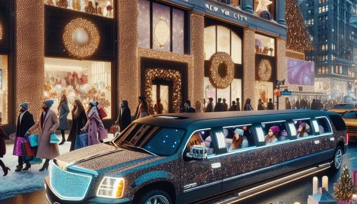 Stretch limousine outside festive New York holiday storefronts