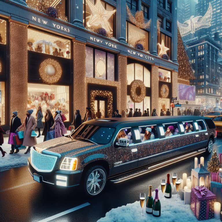 Stretch limousine outside festive New York holiday storefronts