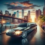 Black stretch limousine near Brooklyn Bridge at sunset