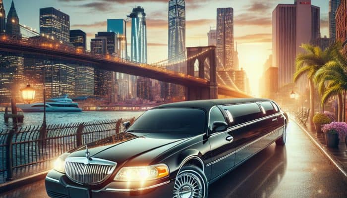 Black stretch limousine near Brooklyn Bridge at sunset