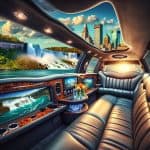Luxury limousine interior overlooking Niagara Falls and skyline