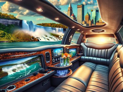 Luxury limousine interior overlooking Niagara Falls and skyline