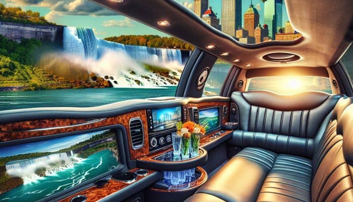 Luxury limousine interior overlooking Niagara Falls and skyline