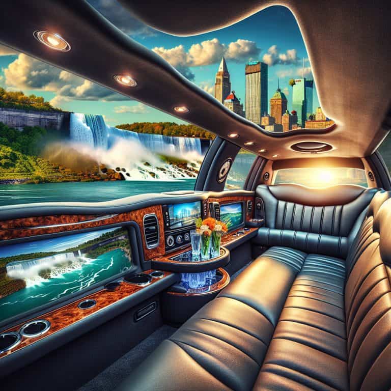 Luxury limousine interior overlooking Niagara Falls and skyline