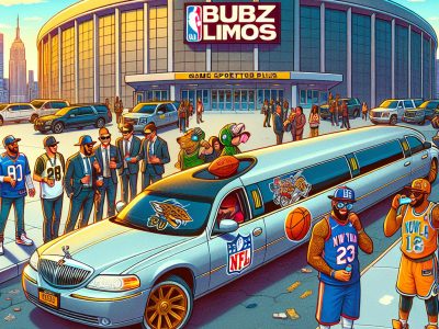 Sports-themed limousine outside arena with cheering fans