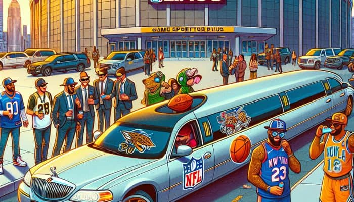 Sports-themed limousine outside arena with cheering fans