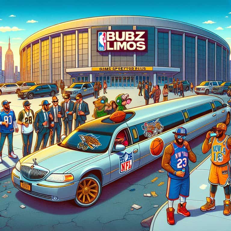 Sports-themed limousine outside arena with cheering fans