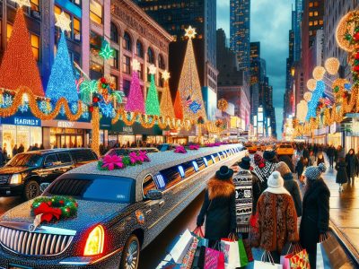 Holiday shoppers and limousine on festive city street