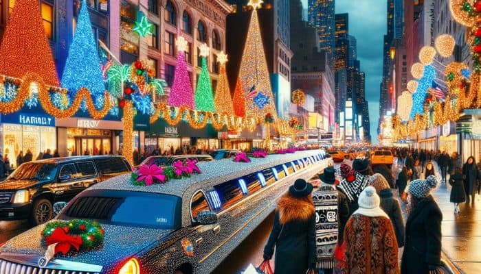 Holiday shoppers and limousine on festive city street
