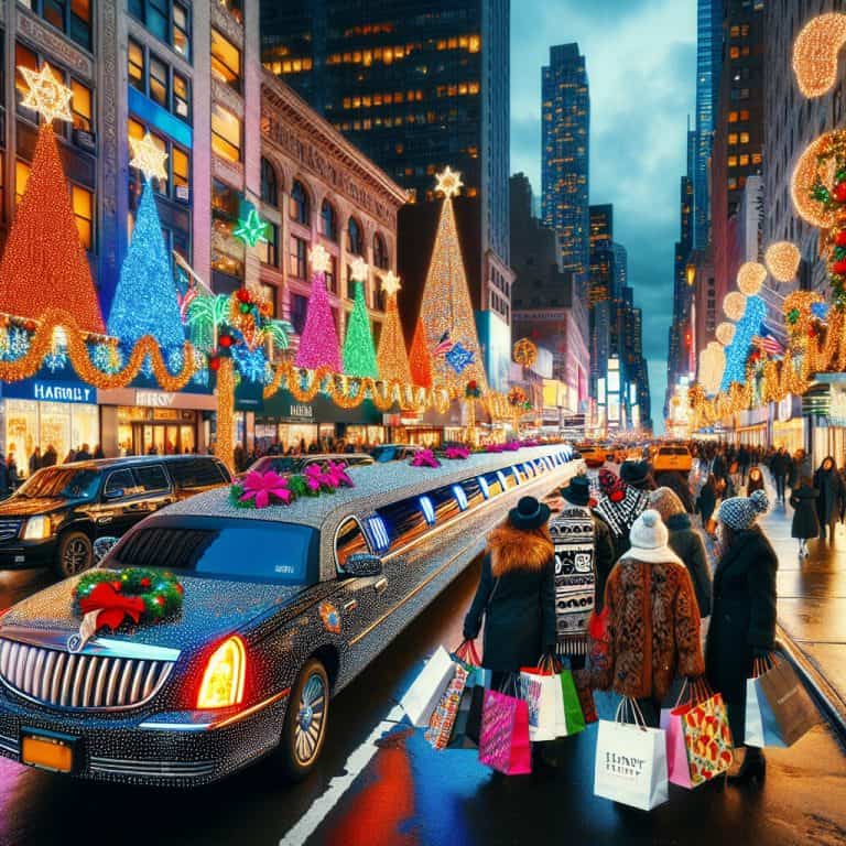 Holiday shoppers and limousine on festive city street