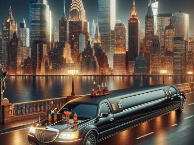 Luxury limousine by illuminated city skyline at night