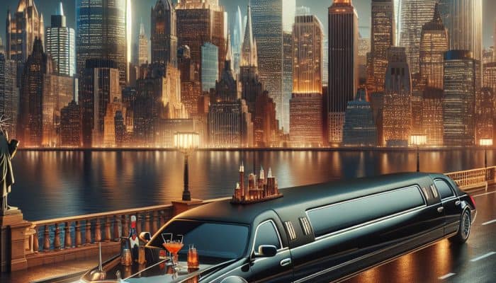 Luxury limousine by illuminated city skyline at night