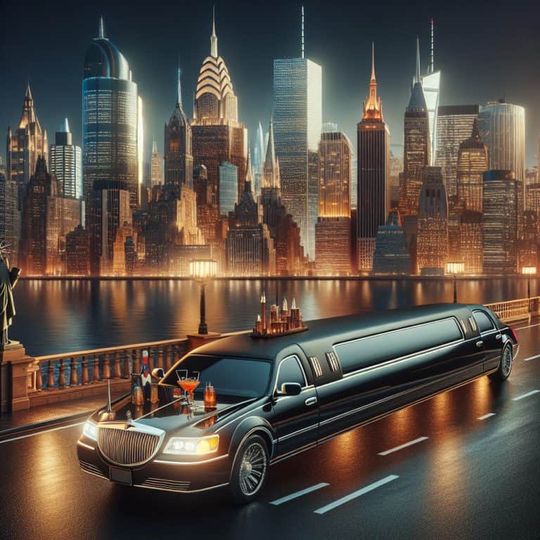 Luxury limousine by illuminated city skyline at night