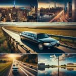 Limousine driving near city skyline and highways collage