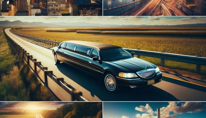 Limousine driving near city skyline and highways collage