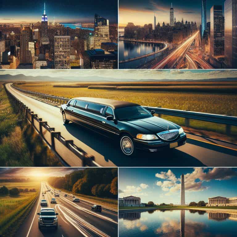 Limousine driving near city skyline and highways collage