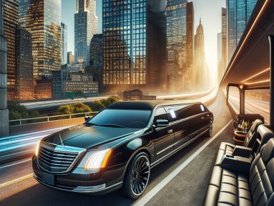 Luxury black limousine driving through downtown city skyline