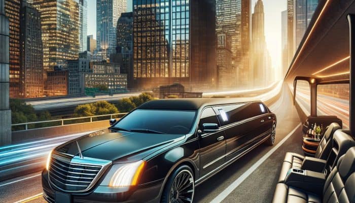 Luxury black limousine driving through downtown city skyline
