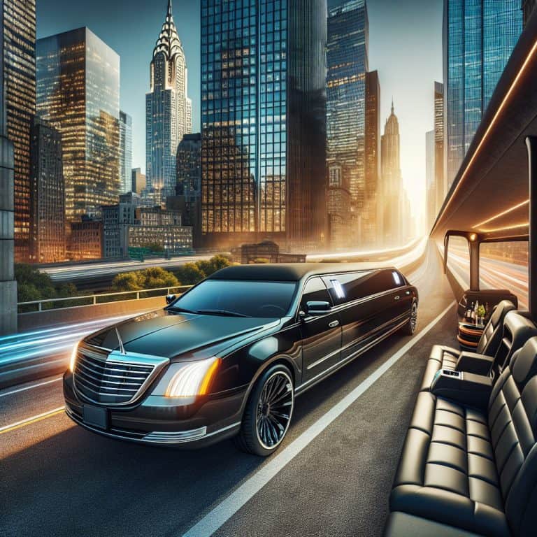 Luxury black limousine driving through downtown city skyline