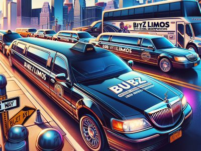 Black stretch limousines driving in city traffic