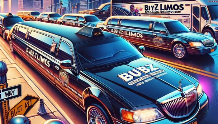 Black stretch limousines driving in city traffic