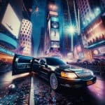 Black limousine in Times Square at night