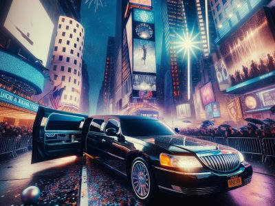 Black limousine in Times Square at night