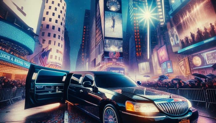 Black limousine in Times Square at night