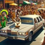 Man on limousine during vibrant street carnival parade
