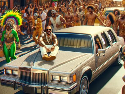 Man on limousine during vibrant street carnival parade
