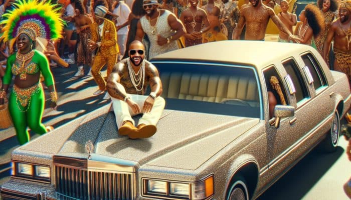 Man on limousine during vibrant street carnival parade