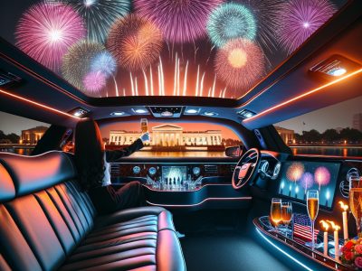 Fireworks over White House viewed from luxury limousine