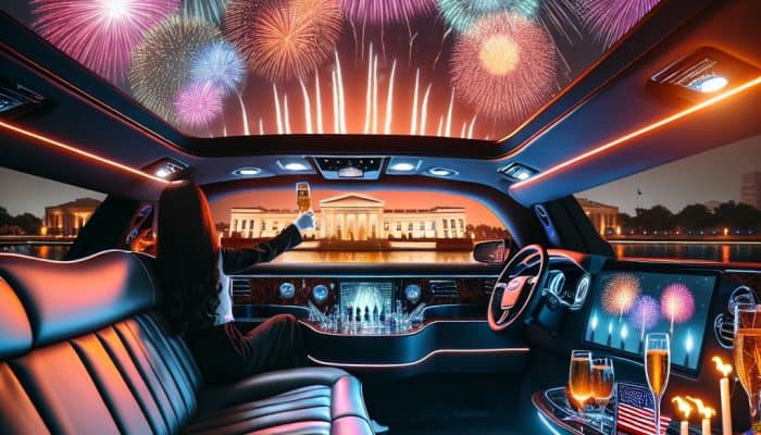 Fireworks over White House viewed from luxury limousine